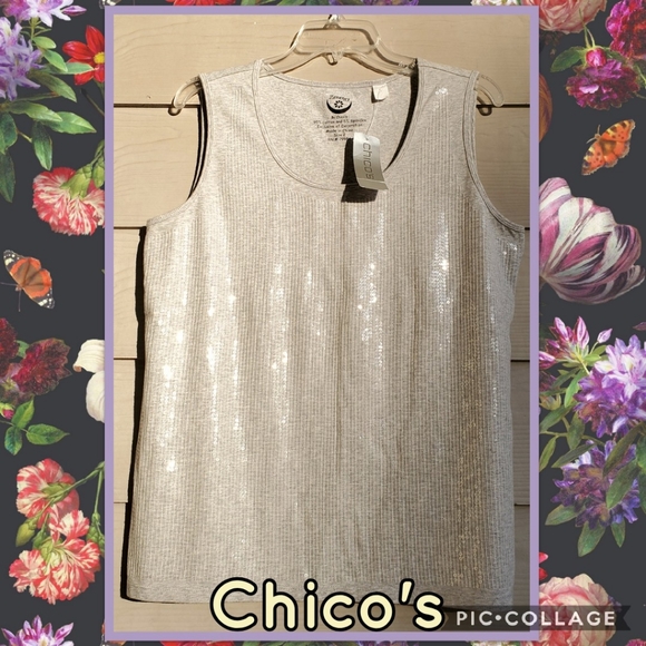 Chico's Zenergy Heather Grey Knit Clear Sequined Front Panel Sassy Tank Top - Picture 2 of 12
